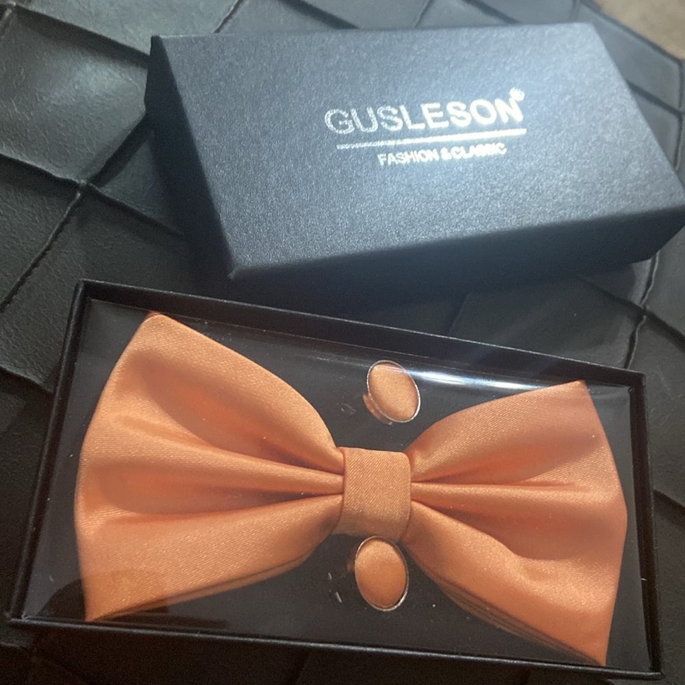 Gusleson fashion Orange Solid Silk Pre Tied Bow Tie Hanky Cufflinks Set - Picture 6 of 9